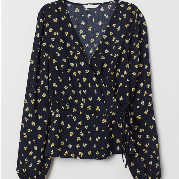 H&M Tops - Dark Blue Foral Print Long Sleeve Blouse